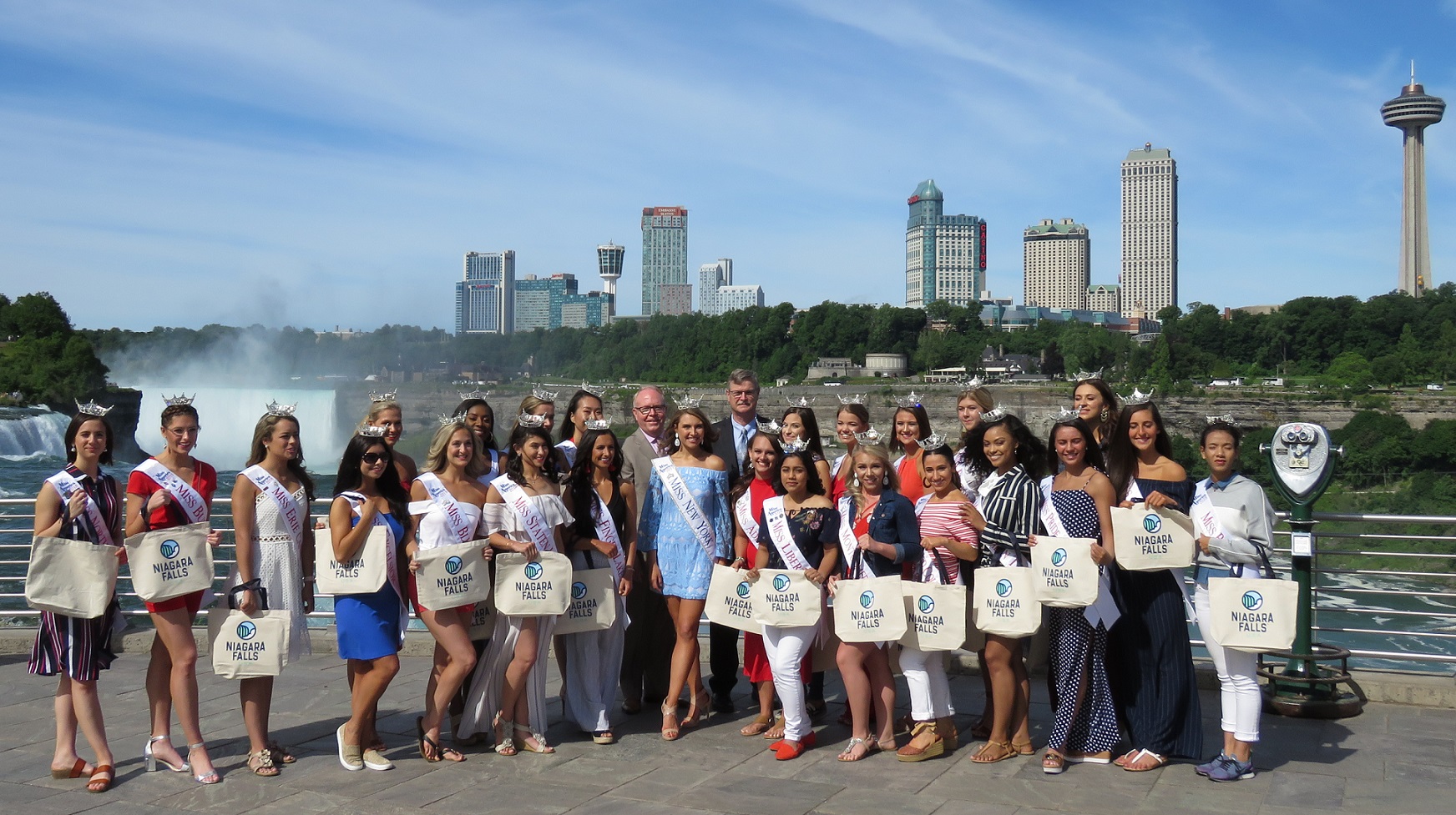 Contestants for the 2018 Miss New York pageant pose for a photo at Niagara Falls with current Miss New York Gabrielle Walter, Niagara Falls Mayor Paul Dyster and Destination Niagara USA President and CEO John Percy. (All photos by David Yarger) 